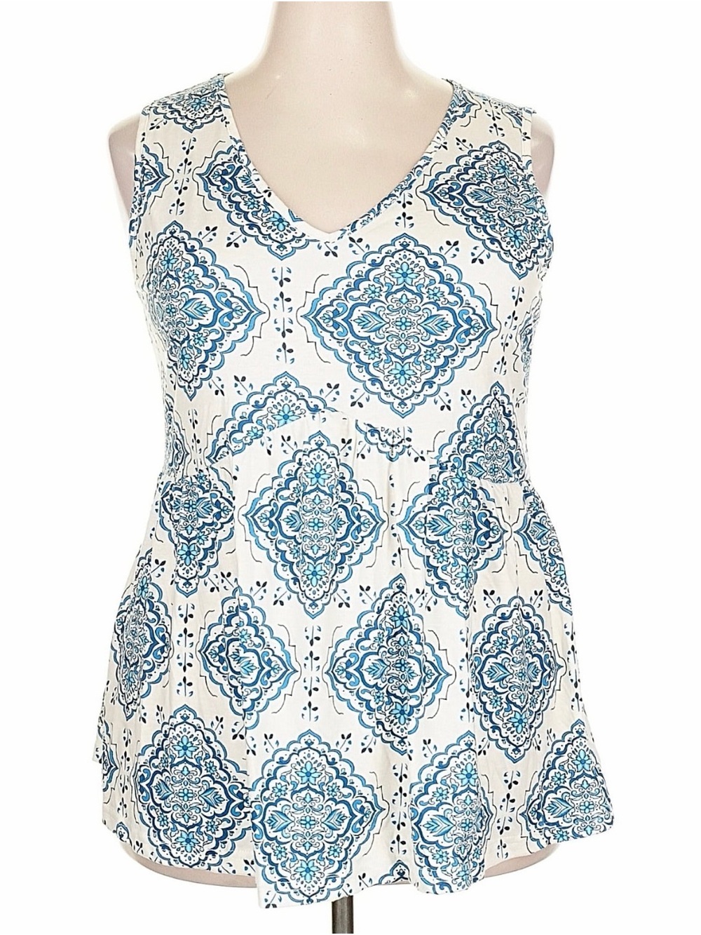 V-Neck Blue Medallion Tank Top - Women's Summer Tee